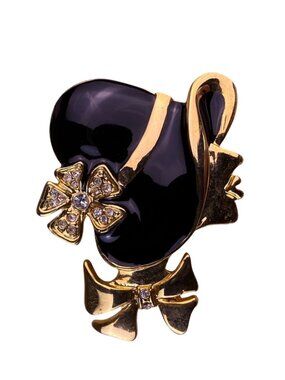 Vintage Gold Tone & Black Enamel Lady Hat Brooch With Rhinestones